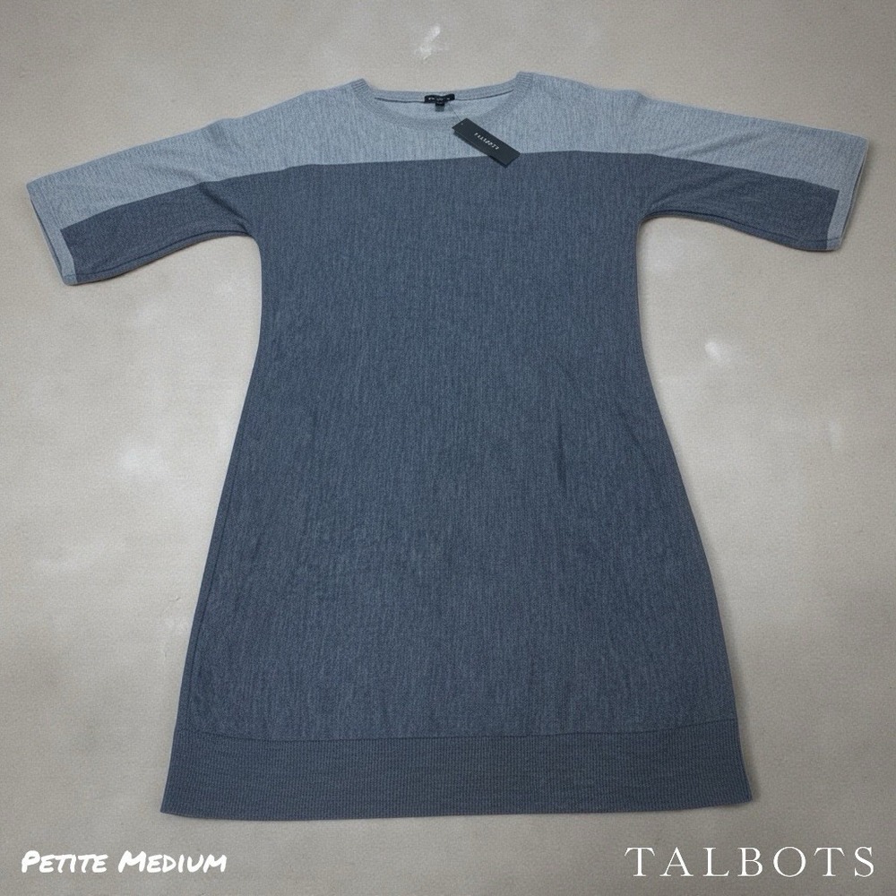 Talbots‎ Women's Dress M Petite Pure Merino Wool Gray Sheath Stretch 3/4 Sleeves